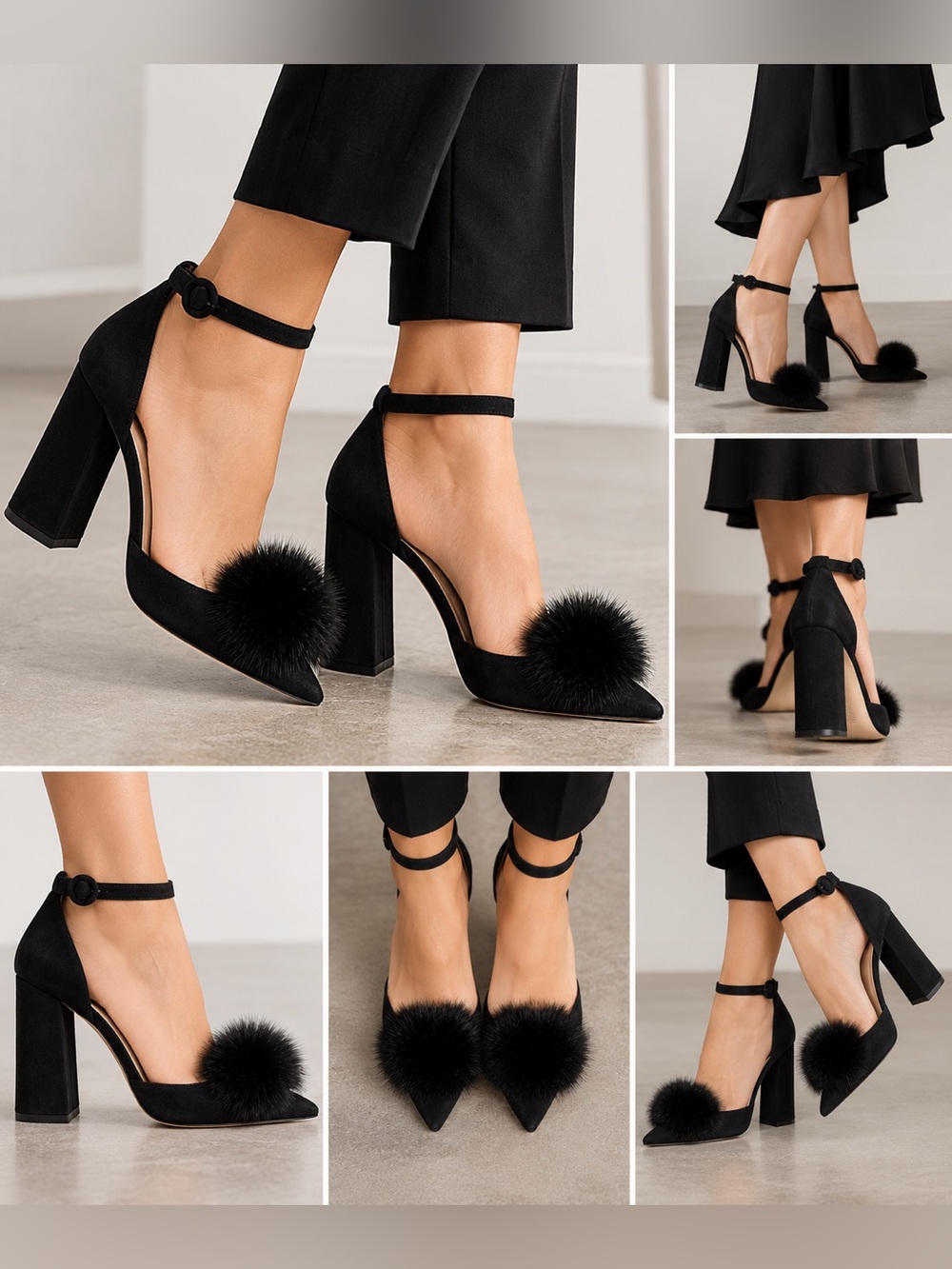 Frances Valentine Mary Beth Su Suede Chunky Heel Pumps Pom Pom Mink Trim
